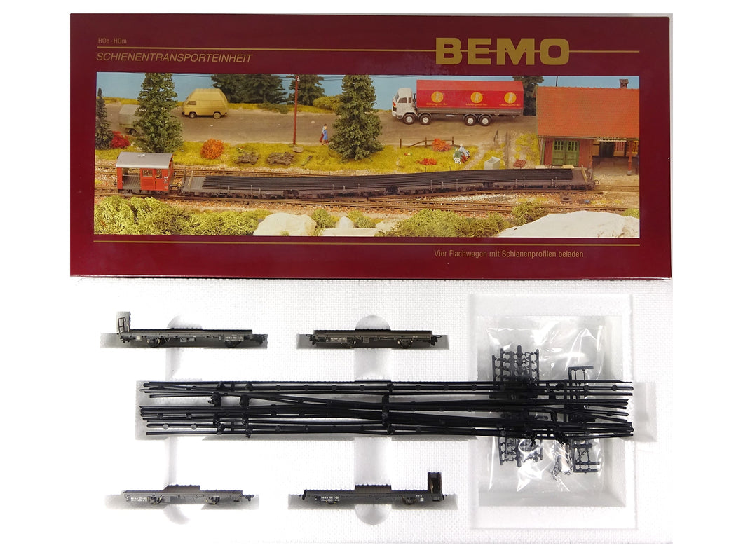 Bemo H0m chienentransporteinheit mit 4 Flachwagen + Schienen 7263 100 OVP