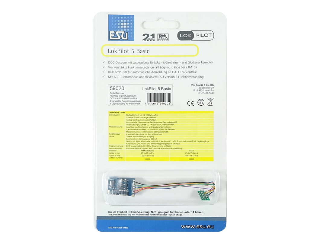 ESU Digital Decoder LokPilot Basic DCC 59020 V 5 Stecker 8 polig NEM 652 neu OVP
