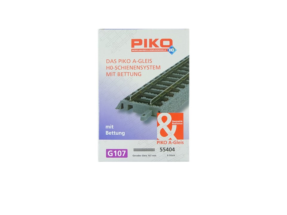 Piko H0 55404, 6 x gerades A-Gleis mit Bettung, G 107mm, neu, OVP
