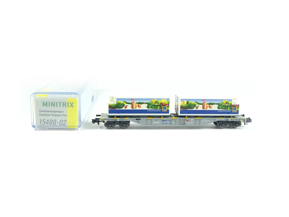 Minitrix N 15488-02, Güterwagen Containertragwagen Aldi, SBB, neu, OVP